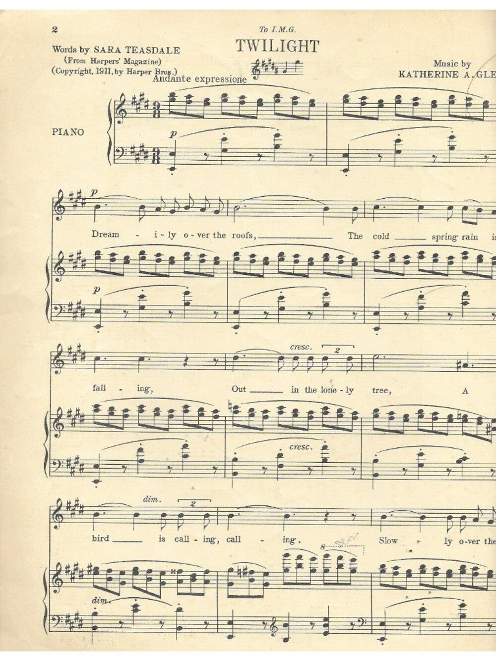 1916 “Twilight” Katherine A Glen Sheet Music Boston Music Teasdale - Picture 5 of 5